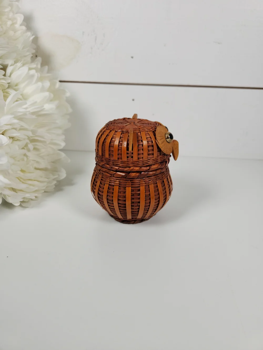 Vintage Wicker Owl Lidded Basket | Mid Century Owl Trinket Box
